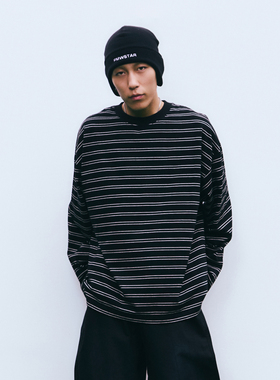 PMW纯棉条纹长袖T恤落肩宽松圆领耐磨抗皱复古通勤休闲打底衫上衣