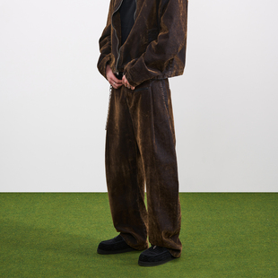 男高腰双褶设计垂坠感复古宽松阔腿牛仔裤 PMW 做旧水洗植绒弯刀裤