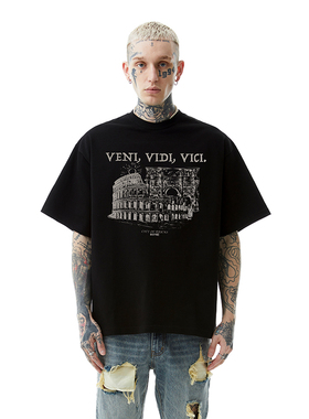 PMW 美式重磅300G罗马印花纯棉宽松圆领短袖T恤休闲男夏半袖上衣