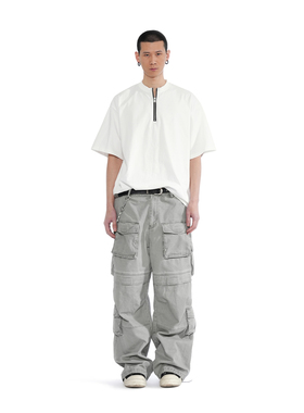 PMW 水洗做旧立体口袋休闲阔腿裤裤脚抽绳设计宽松工装四季裤男裤