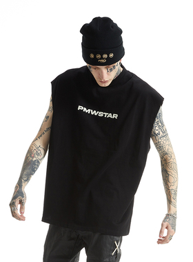 PMW 美式重磅纯棉无袖背心运动健身马甲坎肩摇滚工装T恤男夏季
