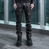 明星同款 美式 高街修身 PMW 直筒微喇涂层蜡面牛仔裤 微弹立体剪裁男