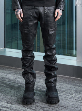 PMW 明星同款美式高街修身直筒微喇涂层蜡面牛仔裤微弹立体剪裁男