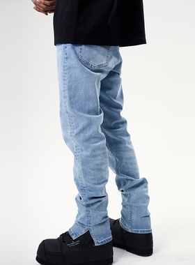 PMW 水洗做旧复古蓝色弹力基础开衩牛仔裤美式街头休闲长裤