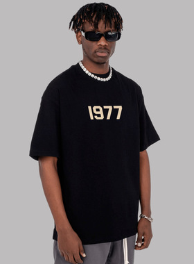 美式重磅350G纯棉短袖男女小领口1977T恤宽松白色五分袖落肩半袖