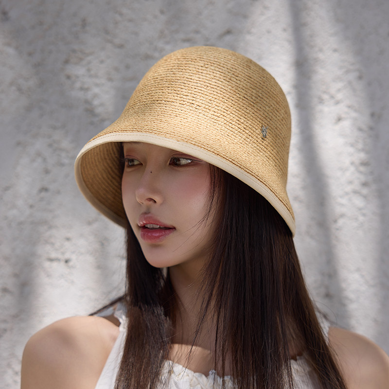 出口日系款天然拉菲草帽轻薄透气防晒遮阳草帽春夏时尚水桶帽子女