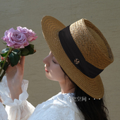 春夏平顶巴拿马草帽女新款 度假遮阳草编帽子法式 海边沙滩编织帽