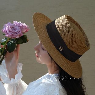 春夏平頂巴拿馬草帽女新款 海邊沙灘編織帽 度假遮陽草編帽子法式