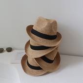 春夏新款 拉菲草礼帽草帽男女通用爵士帽海边沙滩帽英伦帽遮阳帽