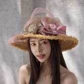 夏手工拉菲草薄雾欧根纱仙气大沿草帽遮阳防晒花朵草帽女蝴蝶结