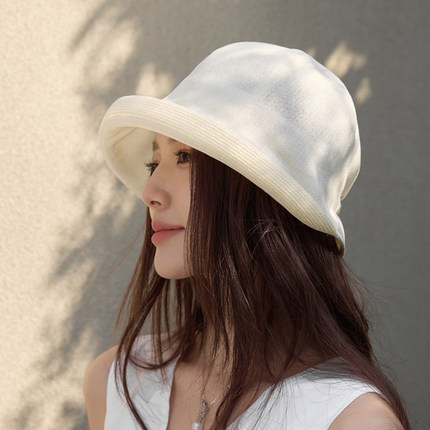 日系进口和纸后褶皱渔夫帽女夏遮阳防晒盆帽文艺简约休闲水桶帽