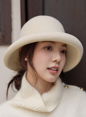 2025年白色复古帽子女赫本风加厚卷边蝴蝶结盆帽老钱风时尚圆顶帽