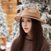 澳洲羊毛大檐礼帽女秋冬英伦复古百搭时尚 毛呢帽爵士帽平顶毡帽子