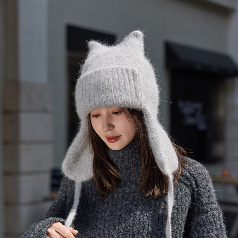 韩国双层加厚兔耳朵毛线帽子女秋冬双层保暖针织帽保暖护耳帽防风