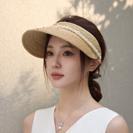 2026春夏拉菲草空项草帽轻奢水钻珍珠空顶帽透气无顶遮阳帽子女