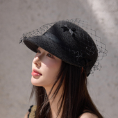 春夏新款 长蝴蝶结网纱圆顶草帽女春夏季 显脸小马术帽遮阳鸭舌帽女