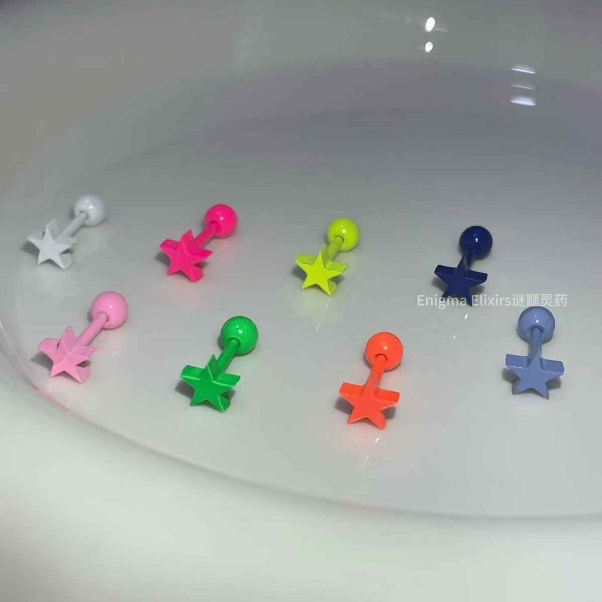 彩色荧光星星耳钉钛钢拧扣百搭