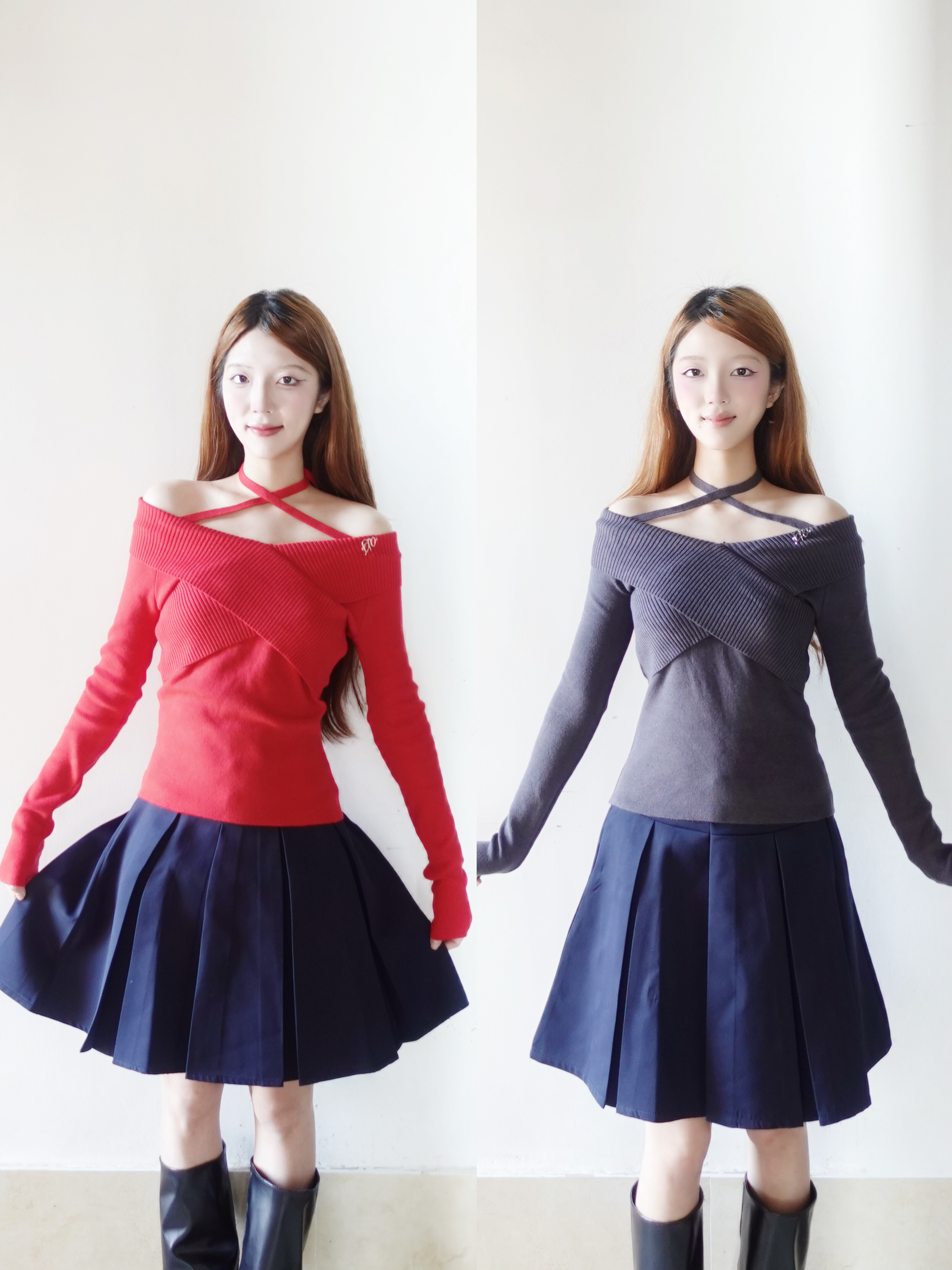 辣妹交叉挂脖领一字肩红色针织打底衫女秋冬加厚新年穿搭毛衣上衣