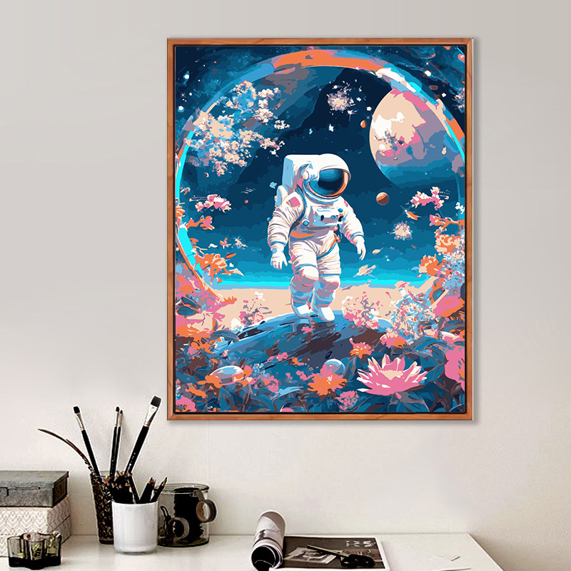 diy数字油画 航天员与玫瑰花爱情浪漫爱情手工填色卡通丙烯装饰画