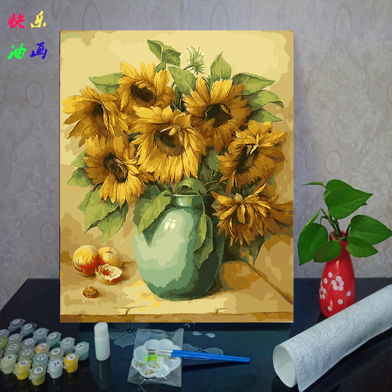 diy数字油画葵花 植物风景花卉定制儿童手工油彩画填色卡通装饰画图片