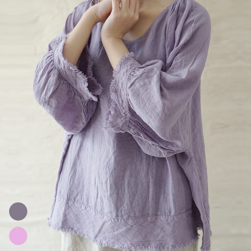 温柔风亚麻淡紫色灯笼袖衬衫上衣