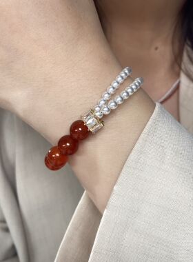 红玛瑙珍珠手串女 施家人造珍珠手链轻奢小众设计气质时尚叠戴