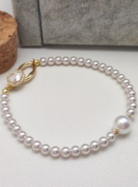 人造施家珍珠樱花粉色珍珠手链 极光天女Akoya炫彩光泽叠戴轻奢