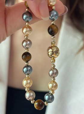 7A级虎眼石美拉德色系施家珍珠手链女 新中式手串混彩简约复古