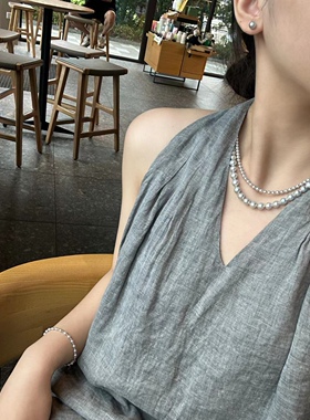 施家人造珍珠项链女 铂金灰轻奢小众高级感锁骨链正圆极光时尚