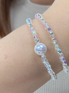 双层施家珍珠水晶手链 Akoya天女极光伴彩光泽 人造海水珍珠爆闪