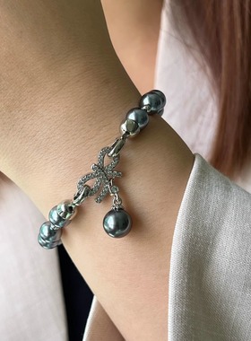 大溪地黑人造海水珍珠手链女 镶钻蝴蝶结叠戴时尚休闲高级正圆