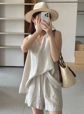 时髦夏季慵懒亚麻阔腿v领ins背心