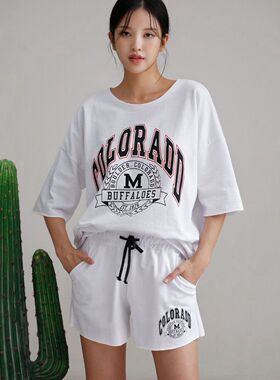 现韩国代购2023夏季女棉白色休闲短袖T恤短裤薄运动两件套装跑步