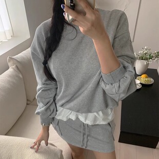 现韩国代购秋女士纯棉洋气卫衣外套裤裙套装显瘦休闲ins简约灰色
