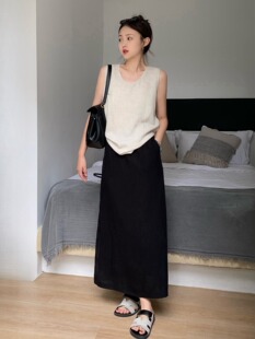 现夏季女士莫兰迪色系优雅开叉亚麻裙子休闲裙遮胯显瘦半身裙显瘦