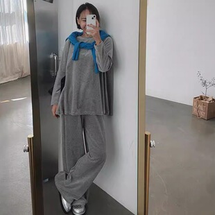 现韩国代购秋季女士韩国绒宽松休闲卫衣阔腿裤套装极简风灰色洋气