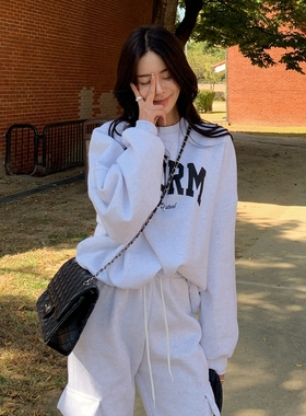 现货韩国代购秋冬季女士加绒字母印花宽松休闲卫衣卫裤套装麻白色