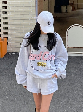 现货韩国2024春秋女装棉字母慵懒风卫衣短裤俩件套装麻白色休闲潮