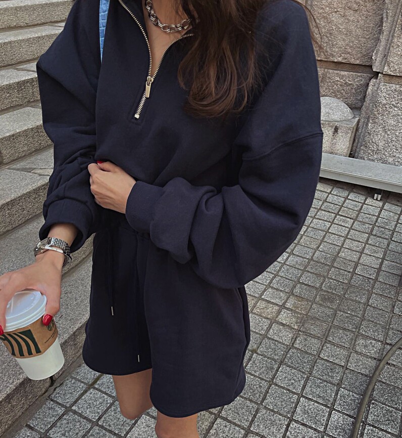 现货韩国春秋女士棉拉链慵懒风卫衣短裤显瘦洋气运动套装下衣失踪