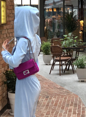 韩国代购2023秋季女士休闲连帽拉链短卫衣阔腿长裤套装ins蓝色潮