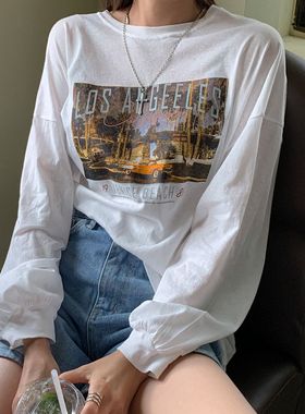 现货韩国代购初秋季薄棉字母印花长袖白色T恤防晒衫打底衫休闲潮