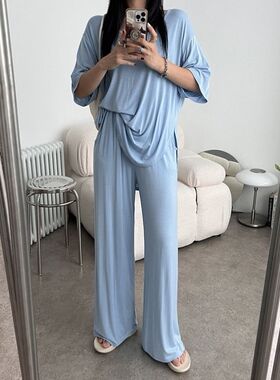 韩国代购2023夏季女士弹力休闲薄短袖T恤阔腿长裤套装蓝色舒适潮