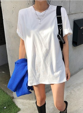 现货韩国东大门春秋季纯棉女短袖休闲T恤俩侧开叉打底衫白色百搭