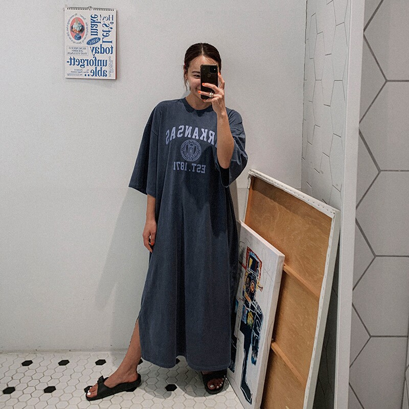 现韩国代购夏季字母女舒适长裙休闲宽松慵懒风遮肉复古水洗连衣裙
