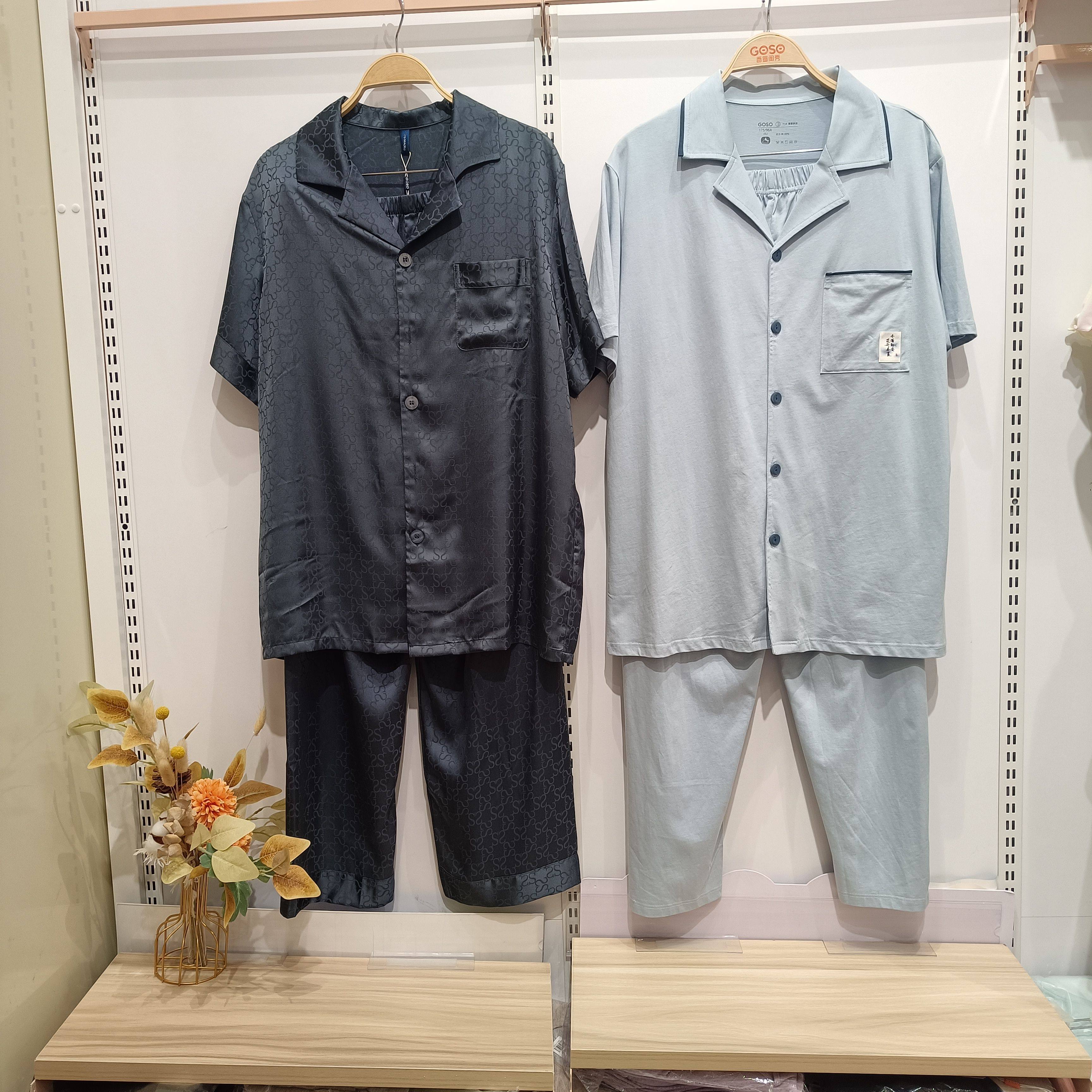 香蜜闺秀薄款檀香开扣棉质25224003短袖长裤锻面男式家居服套装