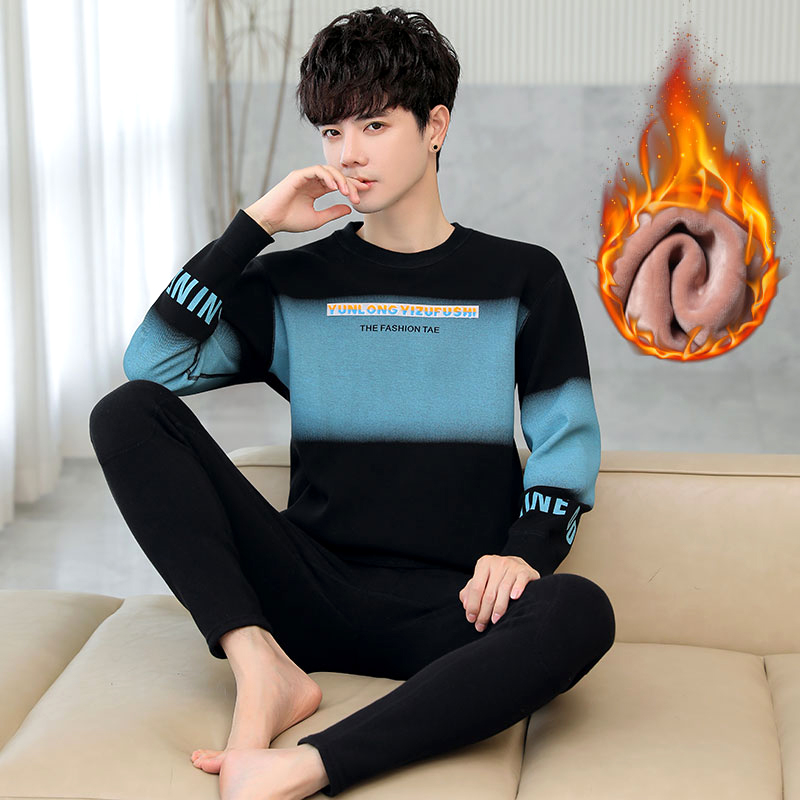 长袖加绒加厚保暖套装男纯棉