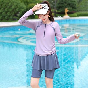 保守显瘦遮肚学生大码 五分长袖 运动韩国温泉 游泳衣女分体裙式 新款