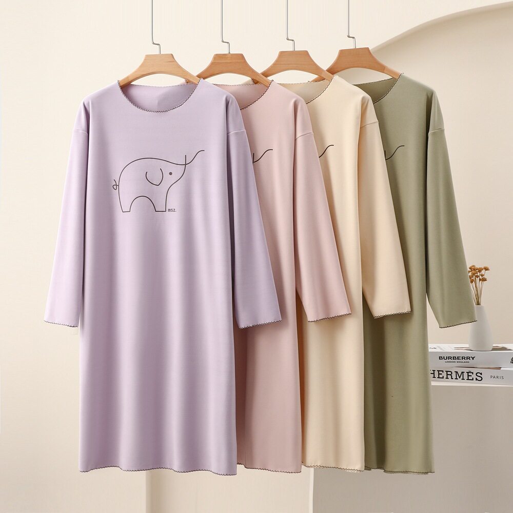 秋冬季长袖德绒睡裙保暖家居服女加肥大码睡衣中长款连衣裙可外穿