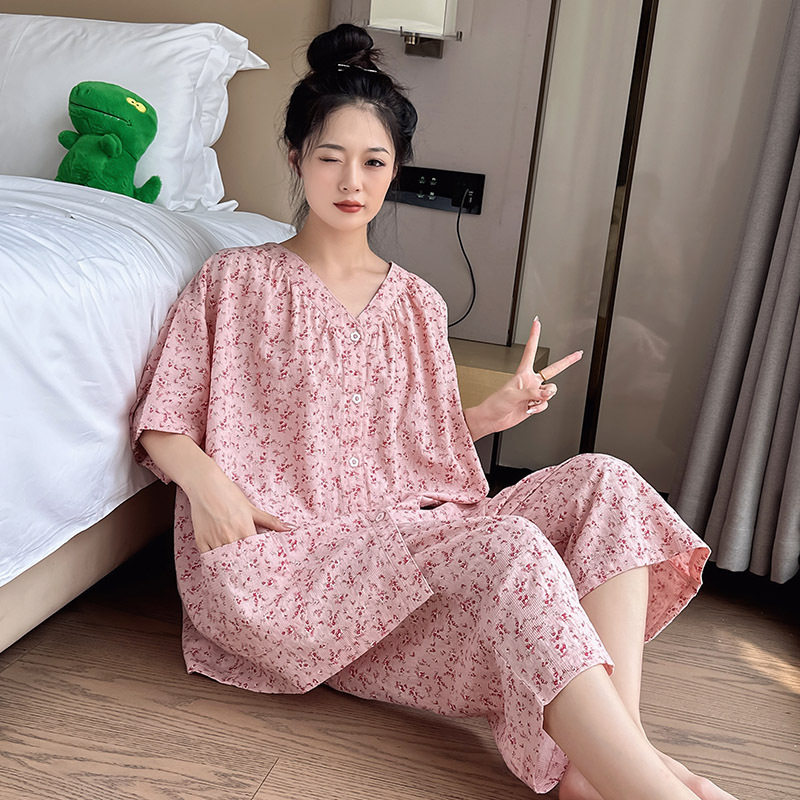 夏季中老年大码纯棉睡衣女家居服