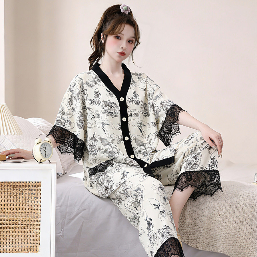 春夏睡衣女宽松大码蕾丝家居服